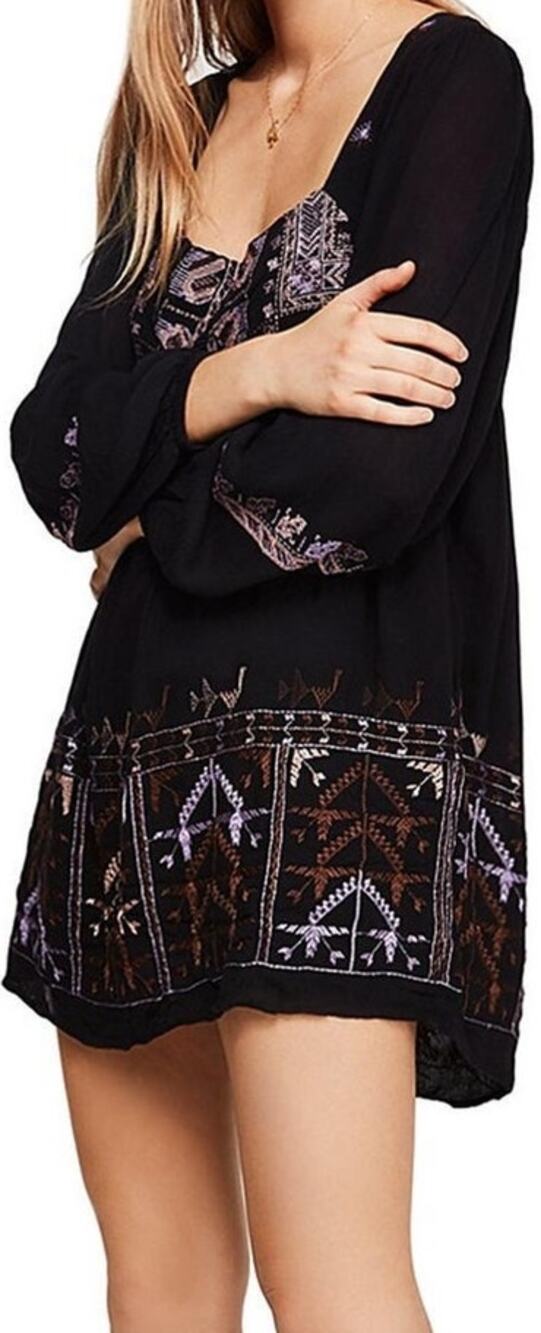 Free People Rhiannon Embroidered Mini Shift Dress Boho Open Back Black Small